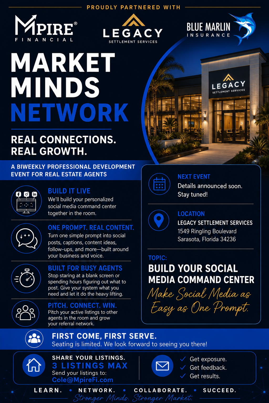 Market Minds Network flyer for the Sarasota, FL real estate agent class at Legacy Settlement Services