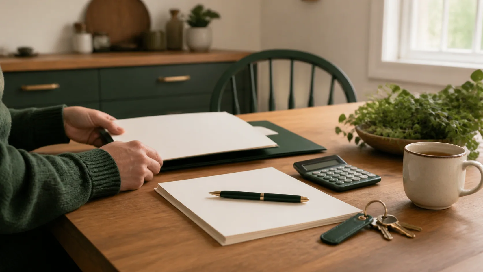 Homebuyer organizing mortgage pre-approval paperwork at a kitchen table