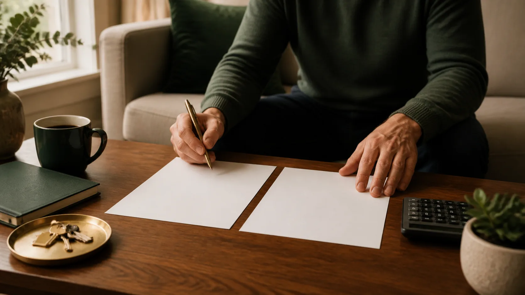 Homeowner comparing two refinance scenarios with a calculator