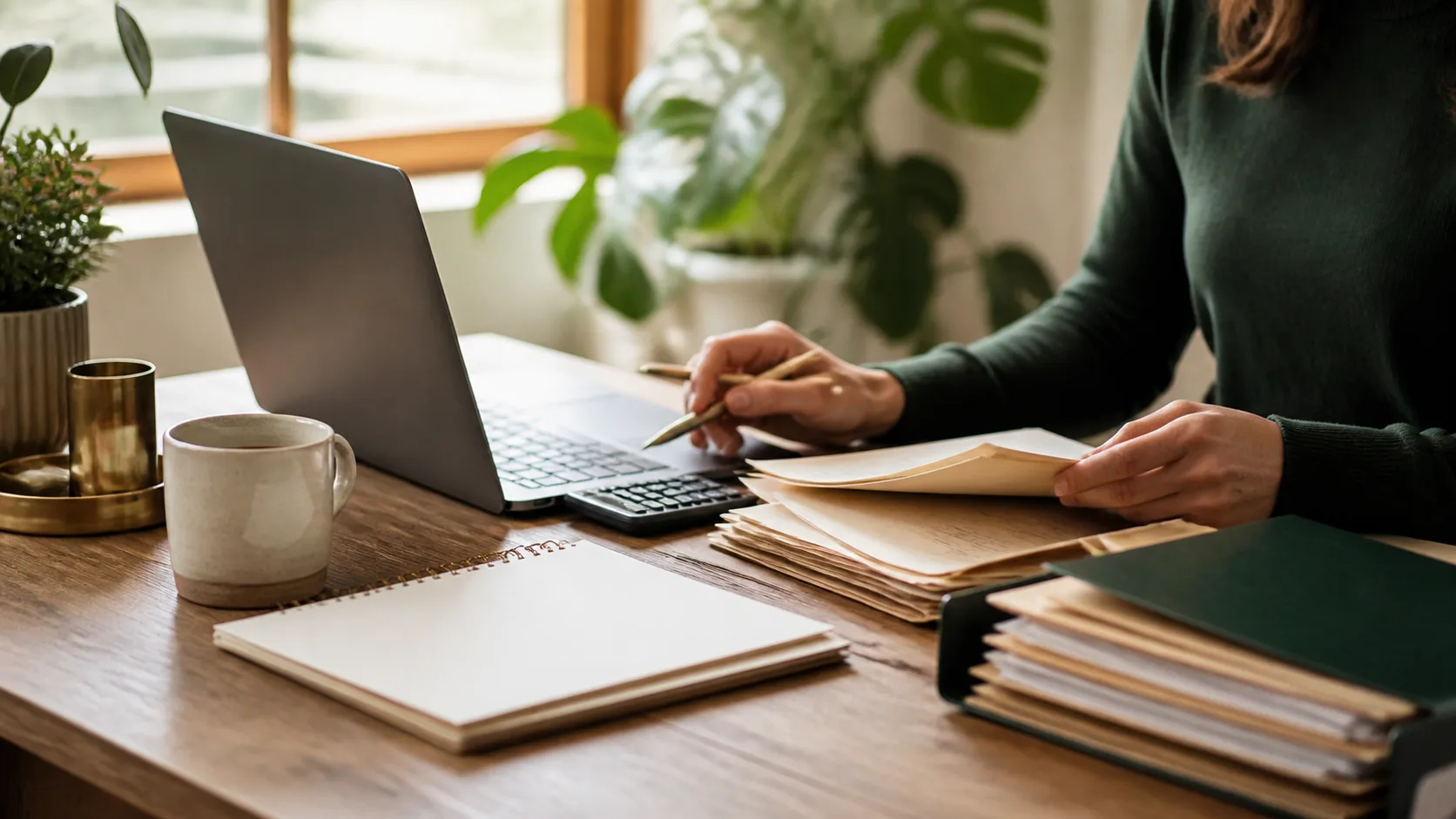 Self-employed borrower organizing business records in a home office